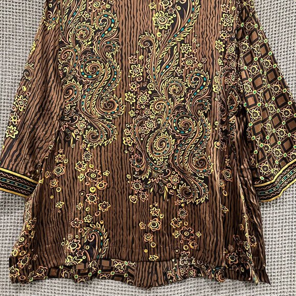 Vintage Bob Mackie Wearable Art 100% Silk Blouse 1X Brown Paisley Geometric - Picture 4 of 8
